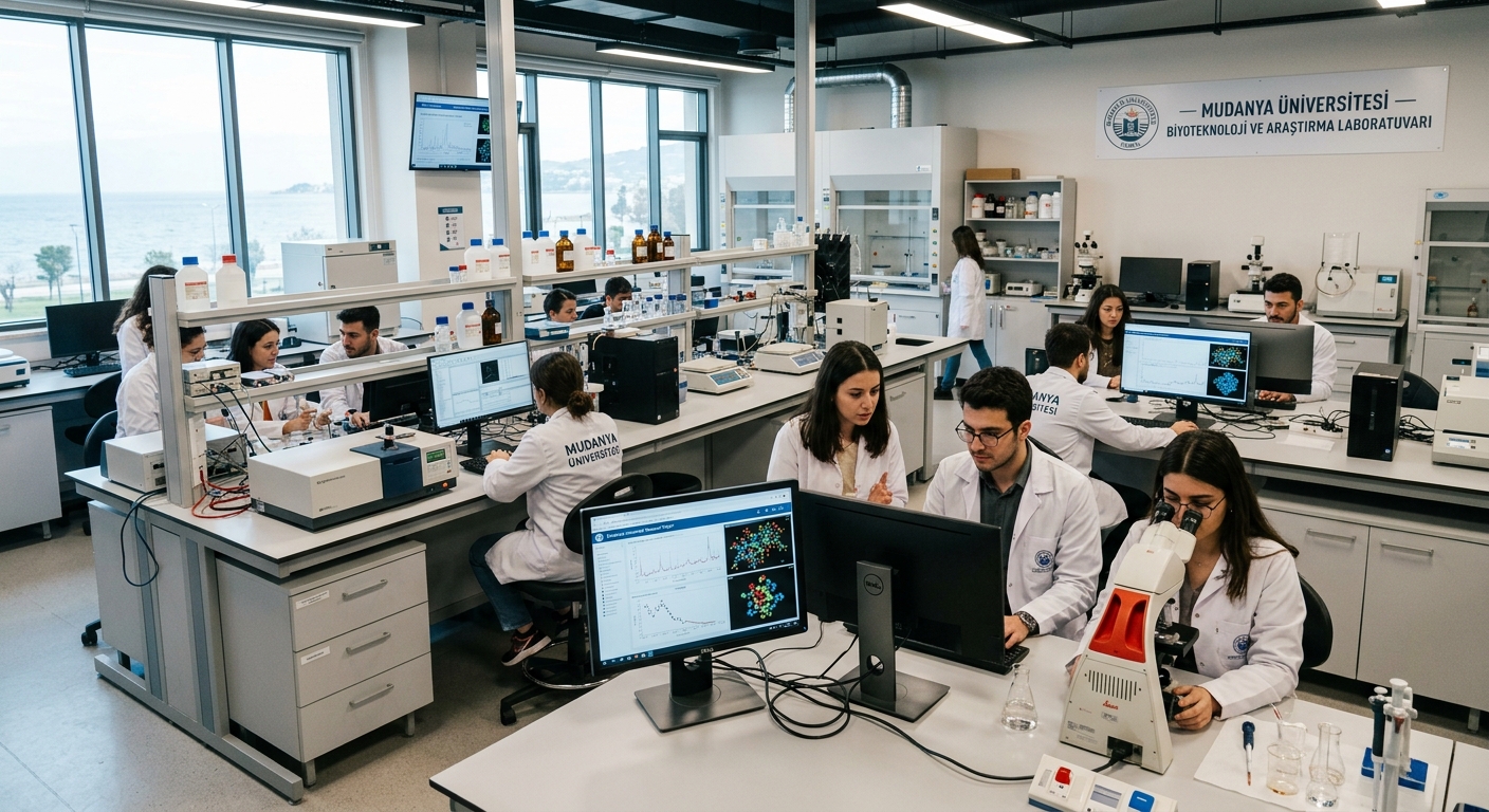 Interior of a modern university laboratory at Mudanya University with students working at high-tech equipment stations and computer terminals