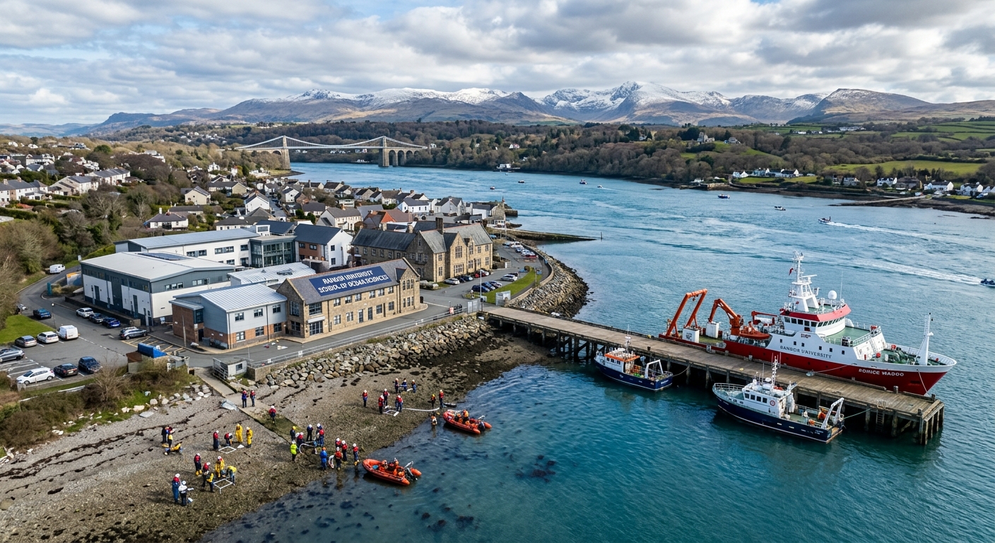 Aerial view of Bangor University School of Ocean Sciences near the Menai Strait in North Wales, with research vessels docked at the pier, Snowdonia mountains in the background, and students conducting fieldwork along the coastline