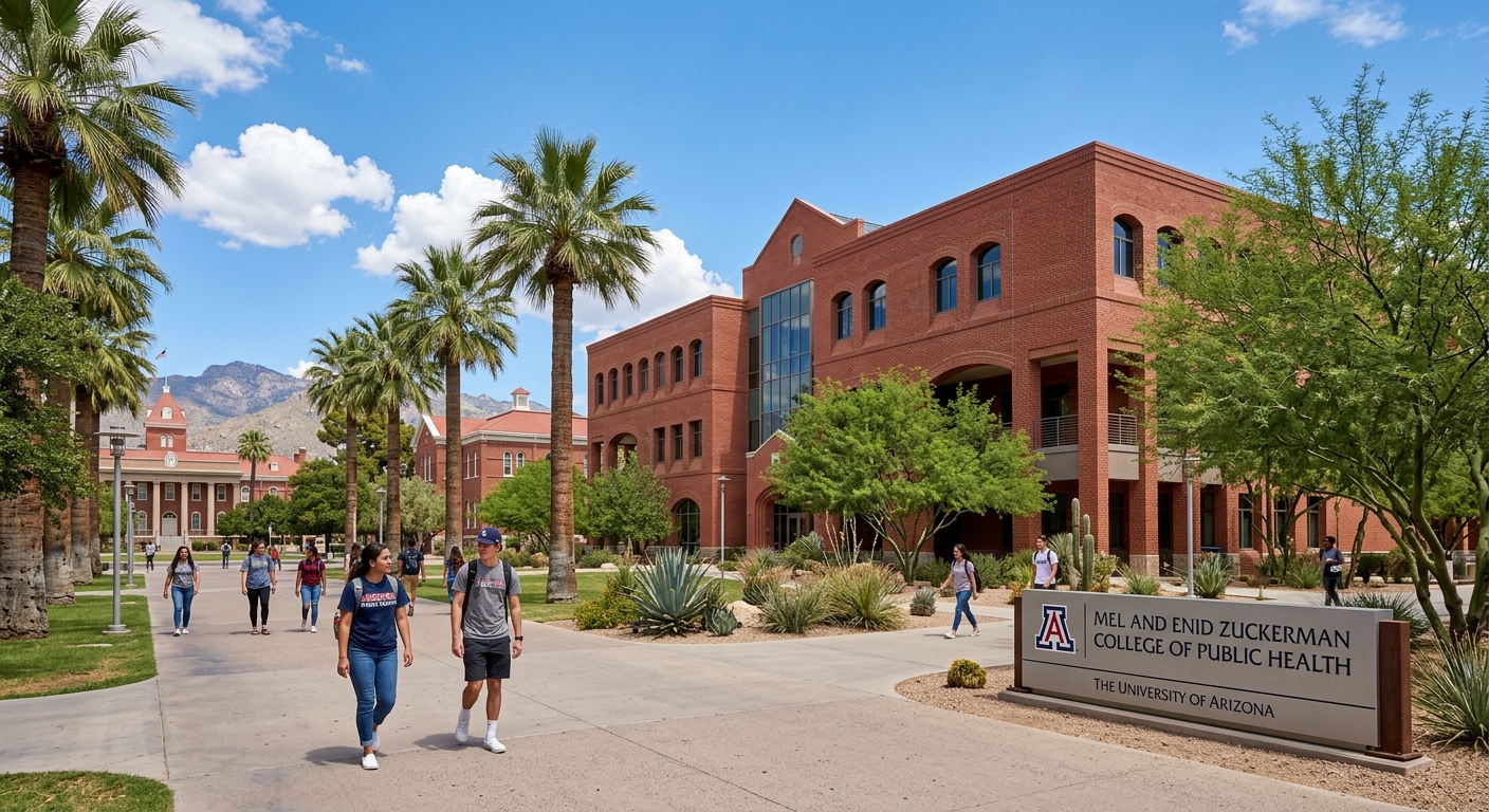 University of Arizona red brick campus buildings in Tucson with desert landscape, palm trees, and blue sky, students walking along tree-lined pathways near the Zuckerman College of Public Health