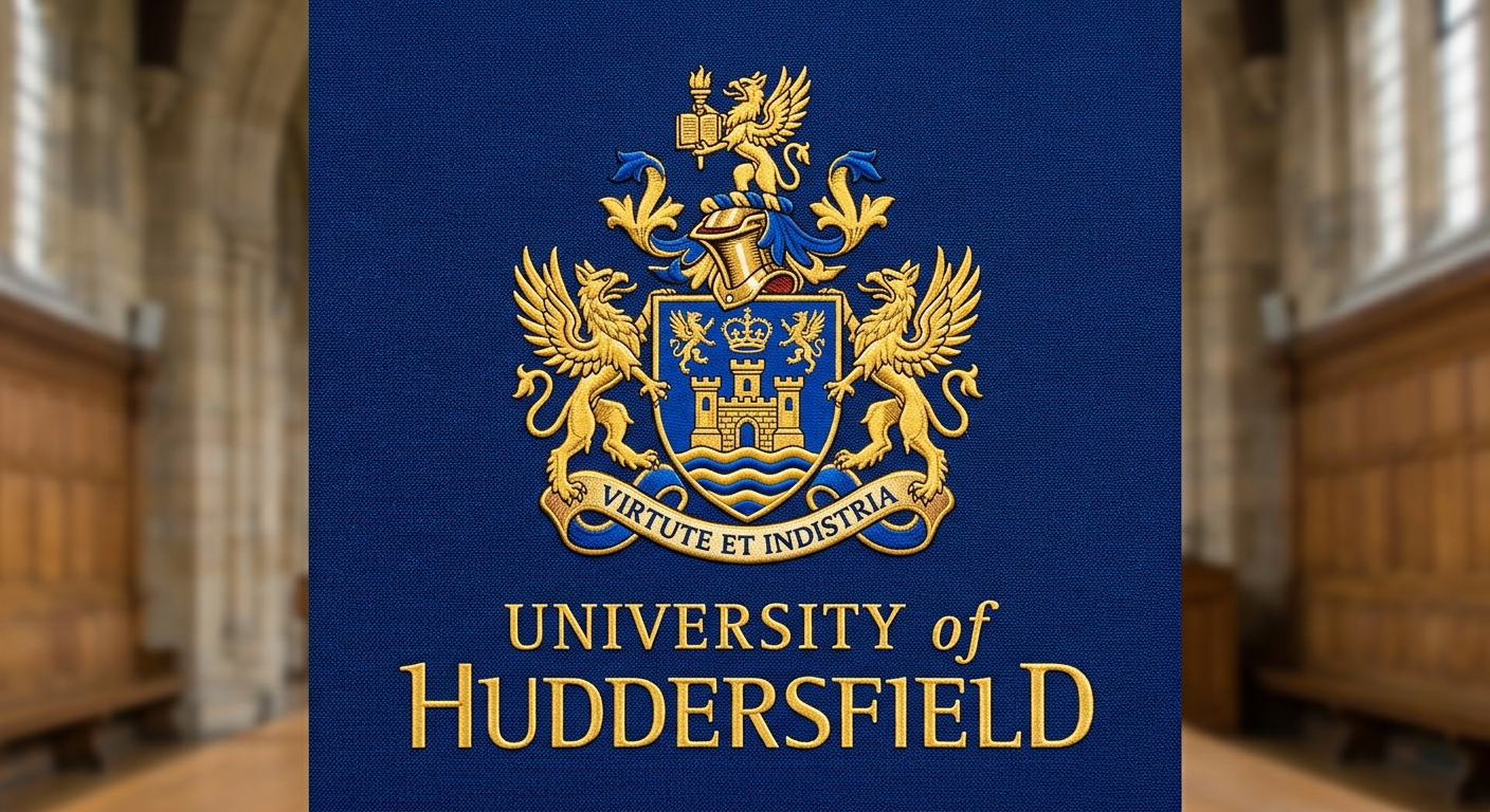 University of Huddersfield official logo, shield crest with blue and gold colors, text reading University of Huddersfield