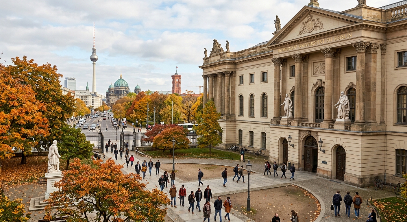 Historic Humboldt University of Berlin main building on Unter den Linden boulevard, neoclassical architecture with columns, students walking through courtyard, Berlin cityscape in background, autumn foliage