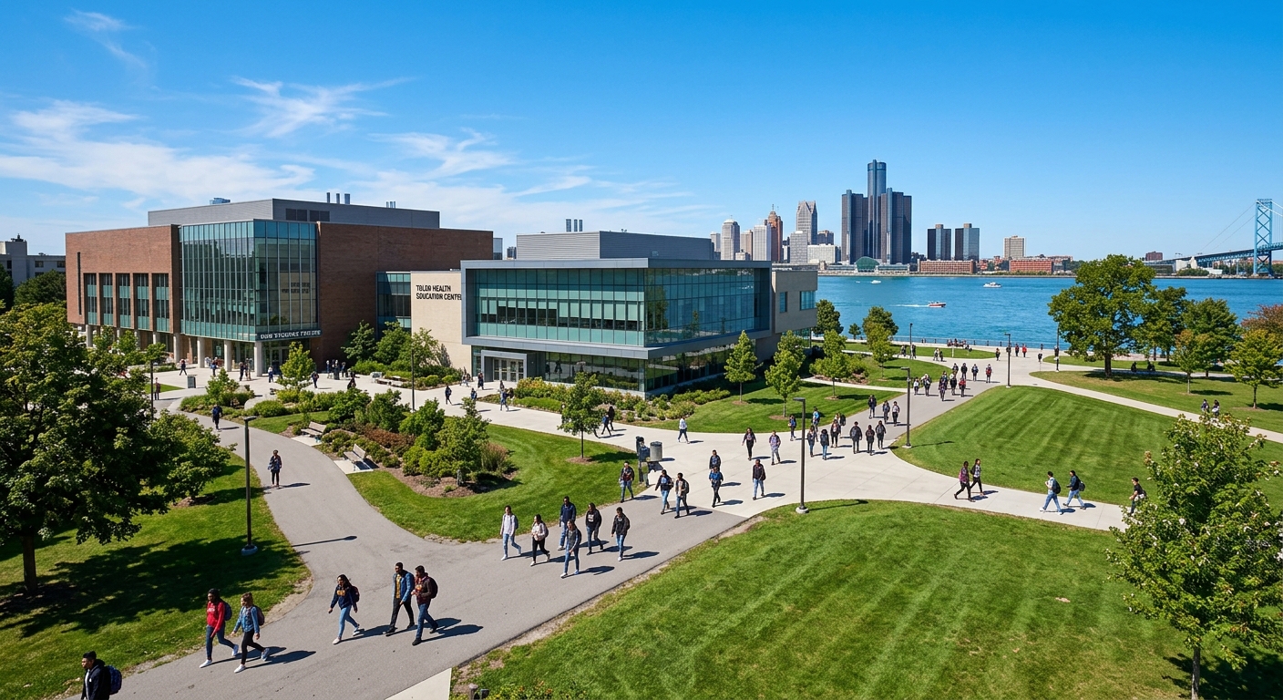 University of Windsor campus in Ontario Canada, modern academic buildings surrounded by green lawns, students walking along pathways with the Detroit River visible in the background, clear blue sky