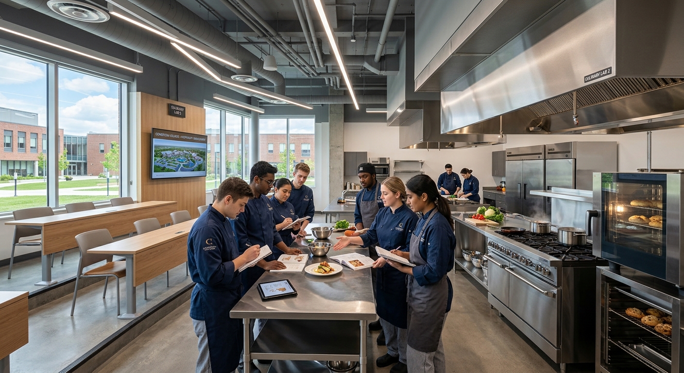 Modern hospitality management classroom at Conestoga College Waterloo campus, students collaborating around a professional culinary kitchen with commercial-grade appliances, bright open learning space with contemporary design