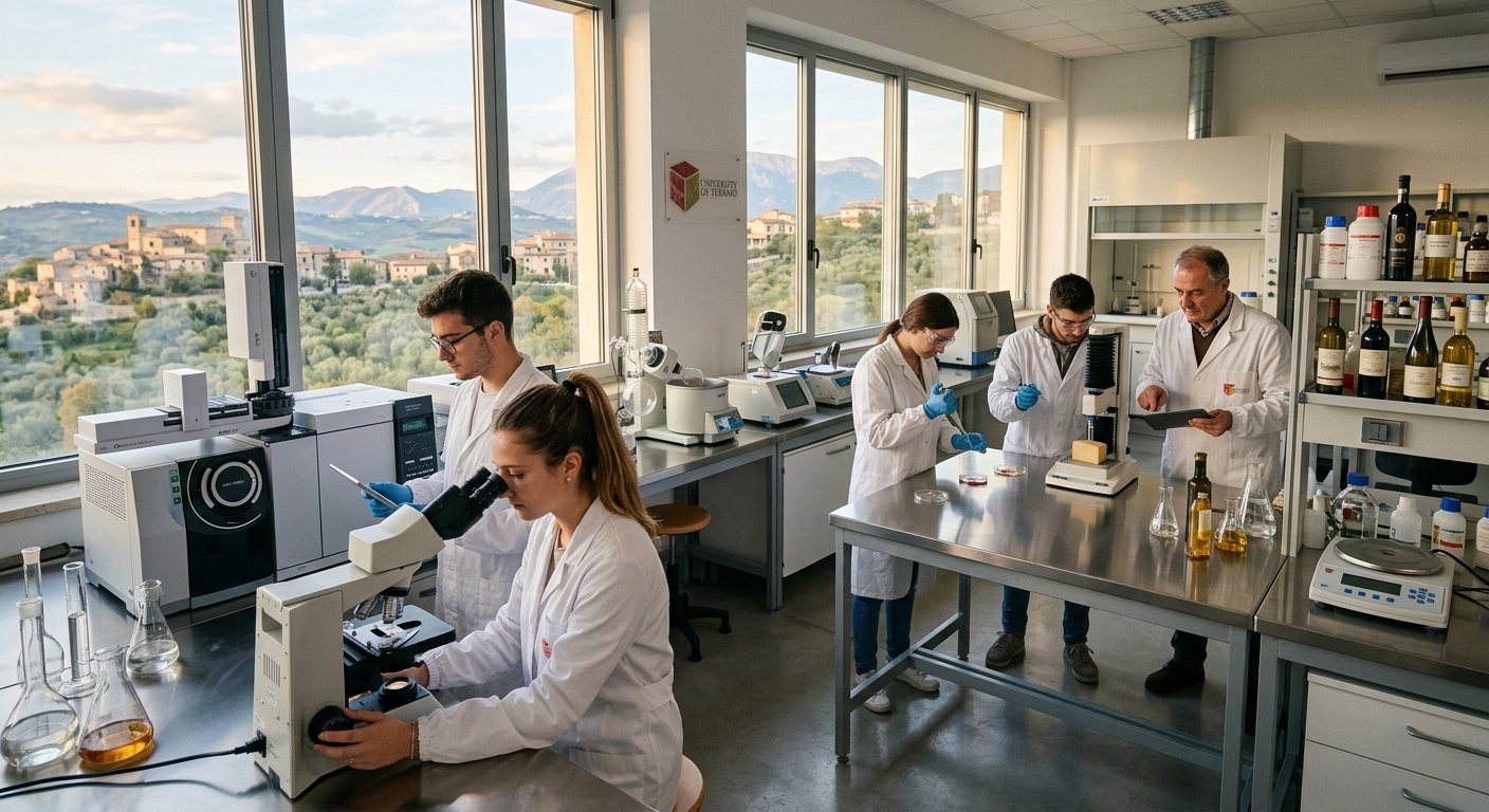Modern food science laboratory at University of Teramo, Italy, with students in white lab coats analyzing food samples using advanced equipment, natural light streaming through large windows overlooking the Abruzzo landscape