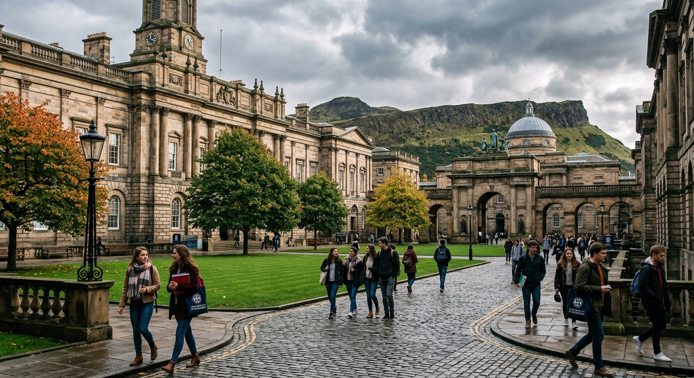 Historic University of Edinburgh campus with neoclassical stone buildings, green courtyard, students walking along cobblestone paths, Arthur's Seat visible in the background, overcast Scottish sky