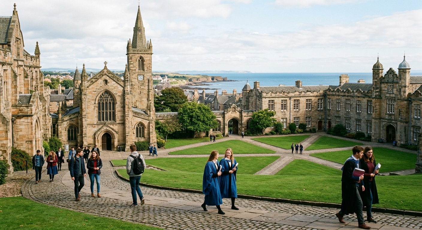 Historic University of St Andrews campus with medieval stone buildings, green quadrangle, and students walking along cobblestone paths in the coastal town of St Andrews, Scotland, with the North Sea visible in the background
