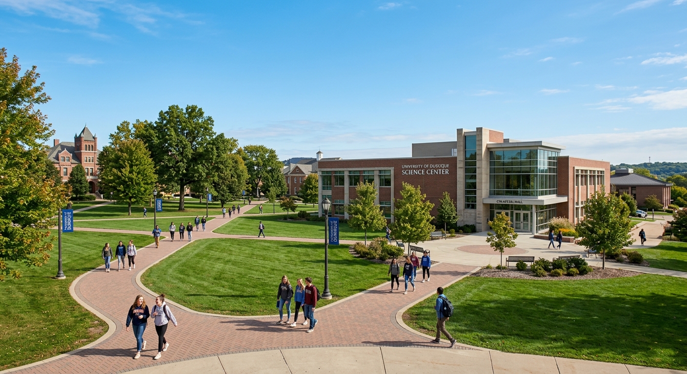 University of Dubuque campus in Iowa with the University Science Center building, green lawns, trees, and students walking along pathways under a clear blue sky