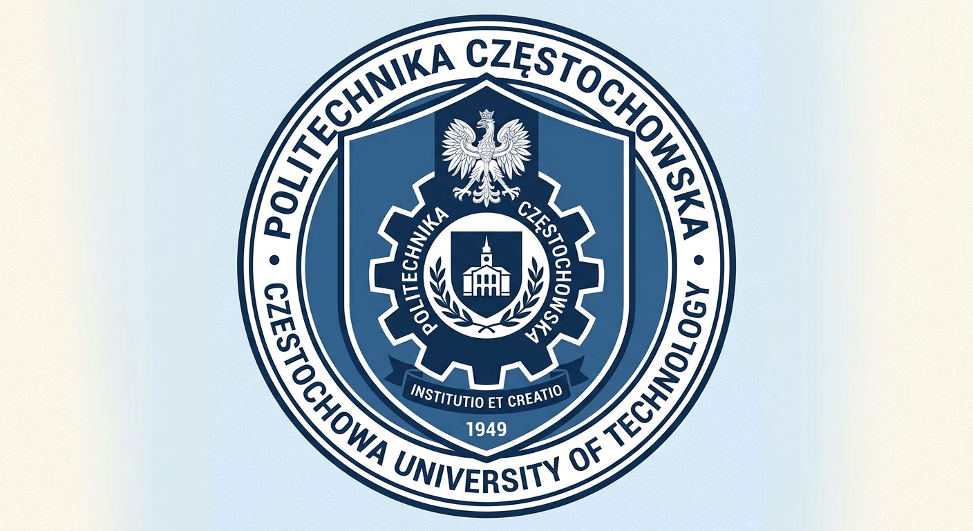 Częstochowa University of Technology official logo, Politechnika Częstochowska emblem featuring a stylized gear and shield design in blue and white