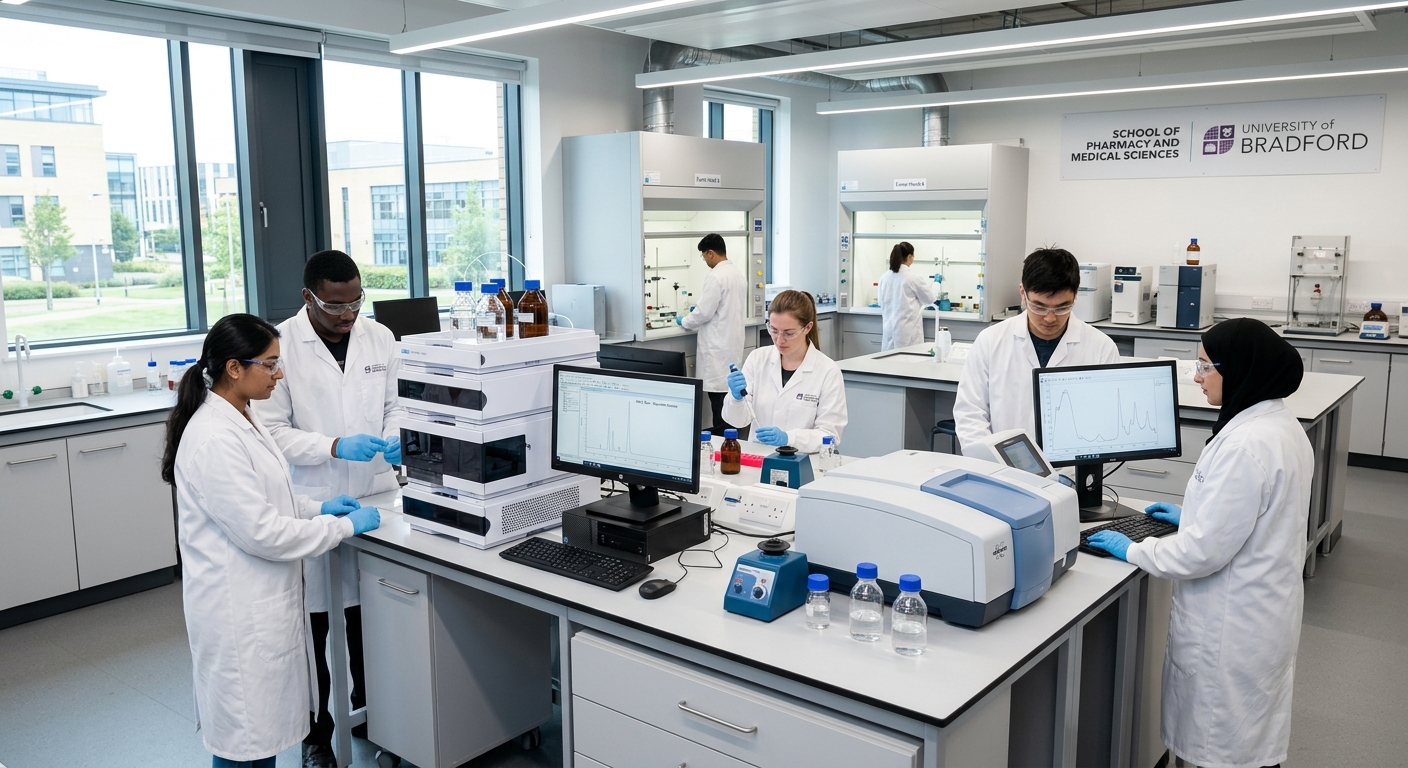 Modern pharmaceutical laboratory at University of Bradford with students using analytical equipment including chromatography and spectroscopy instruments, bright clean lab environment with white coats and scientific apparatus