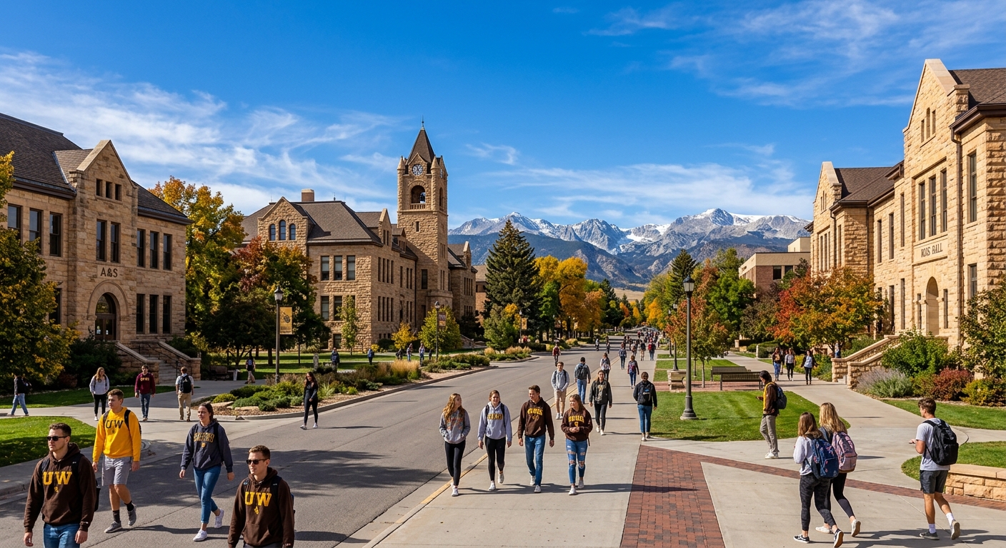 University of Wyoming campus in Laramie with sandstone buildings, open blue sky, and the Medicine Bow Mountains visible in the background, students walking along tree-lined pathways