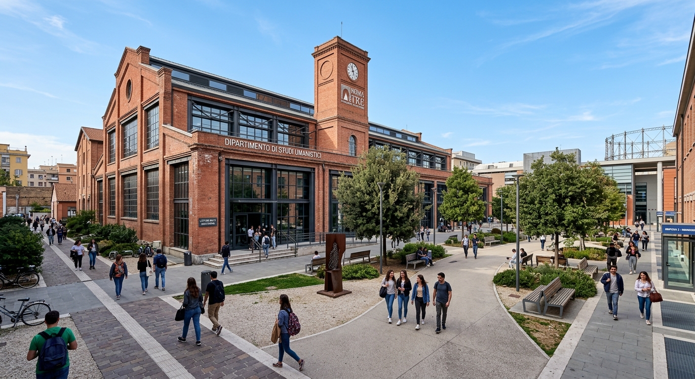 Roma Tre University main campus in Ostiense district, renovated red-brick industrial building converted to modern lecture halls, students walking through courtyard, clear blue sky
