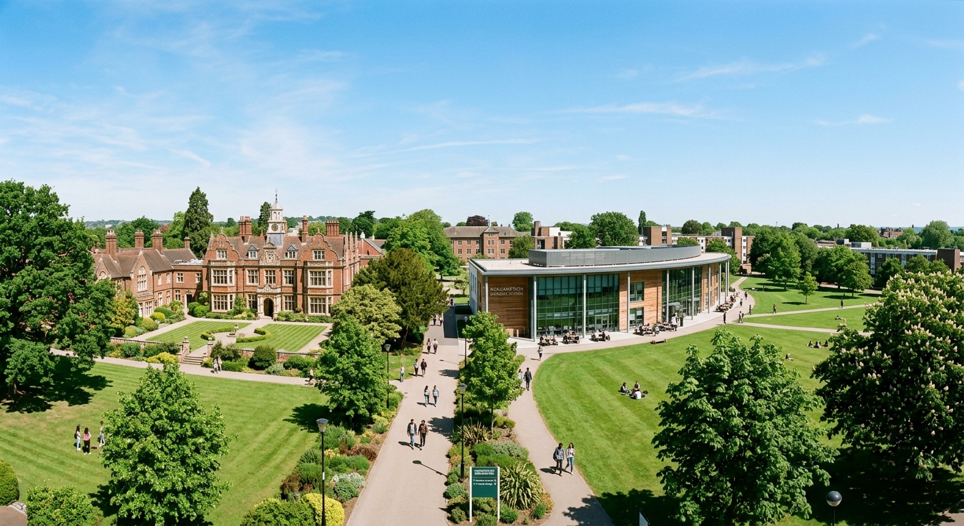 University of Roehampton parkland campus in south-west London with historic college buildings, green lawns, and modern business school facilities under a clear sky
