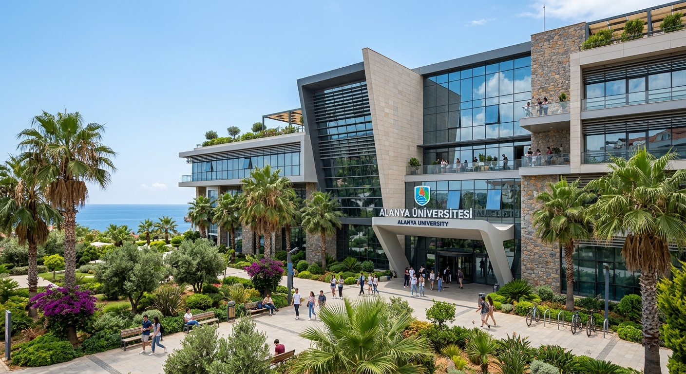 Modern Alanya University main campus building exterior, contemporary architecture with large glass windows, palm trees, Mediterranean landscaping, bright sunny day