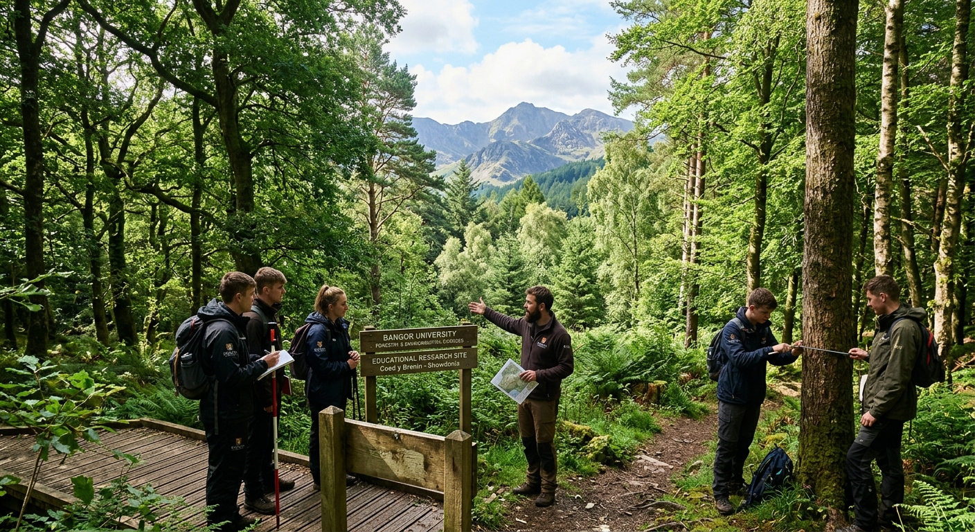 Lush green forest landscape in North Wales with Snowdonia mountains in the background, sunlight filtering through mature deciduous and coniferous trees, representing forestry education at Bangor University