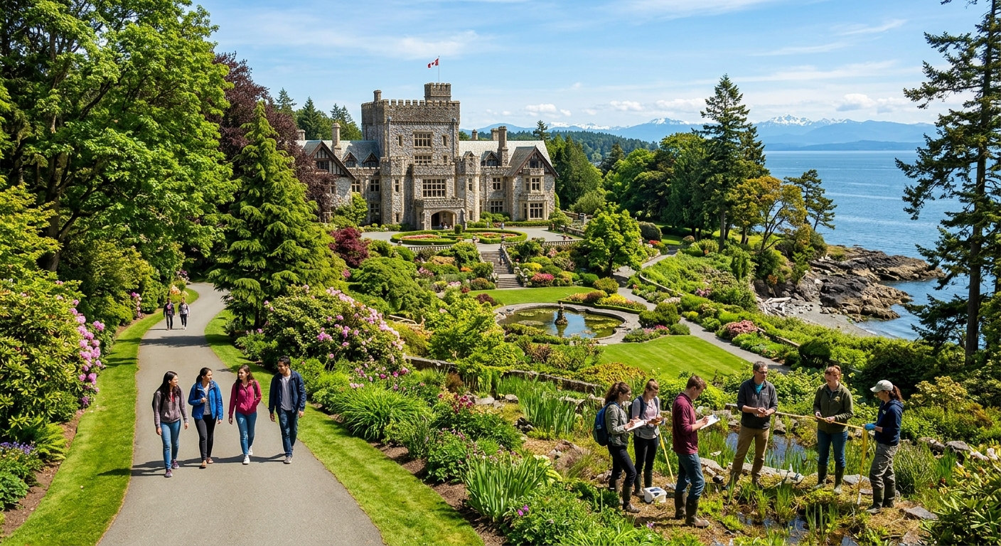 Historic Hatley Castle surrounded by lush green gardens at Royal Roads University campus in Colwood, British Columbia, with Pacific Ocean views, students walking along tree-lined pathways, environmental science fieldwork setting