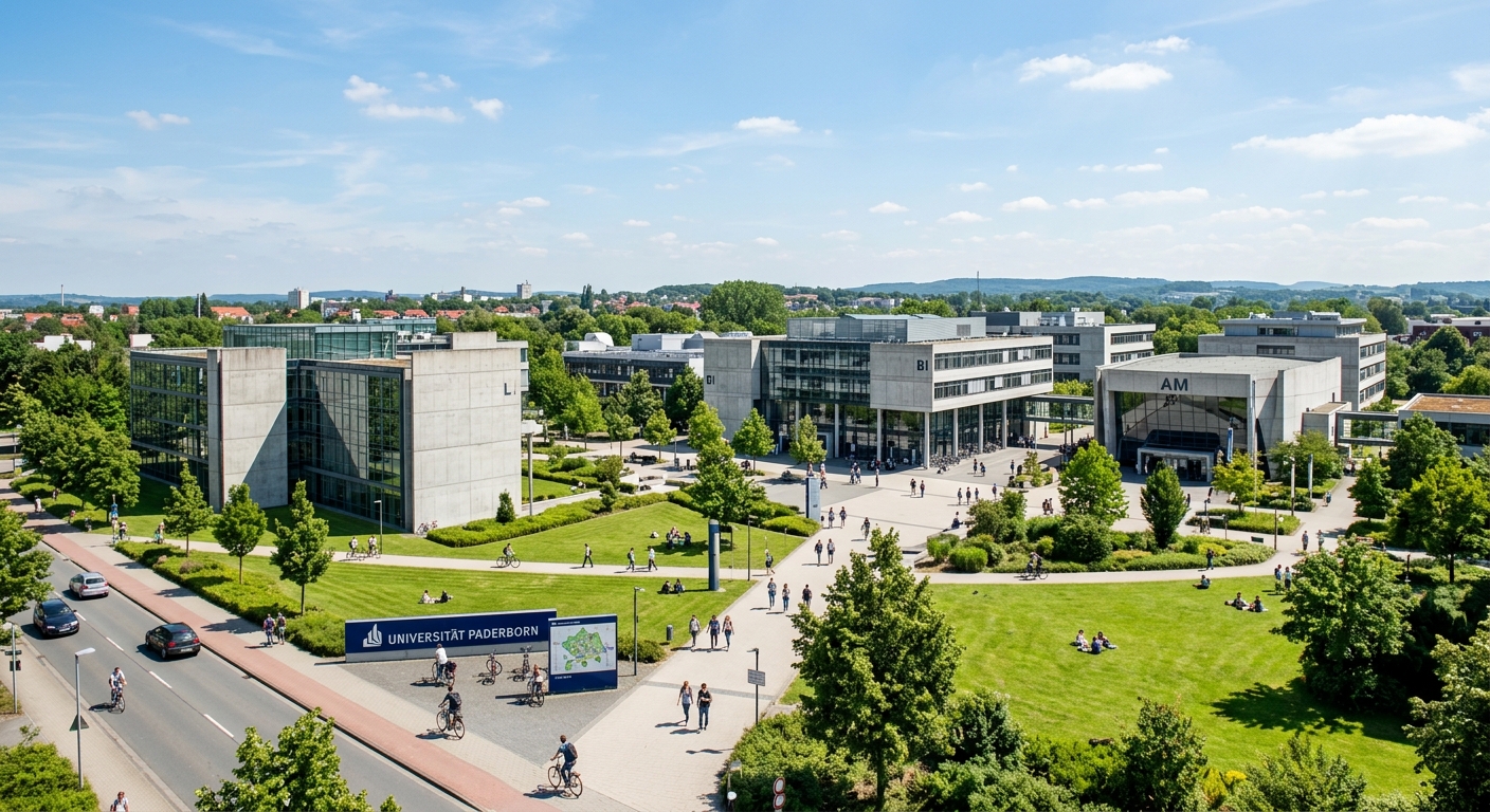 Paderborn University main campus wide shot, modern concrete and glass buildings surrounded by green lawns and trees, Warburger Strasse, sunny day with blue sky, North Rhine-Westphalia Germany