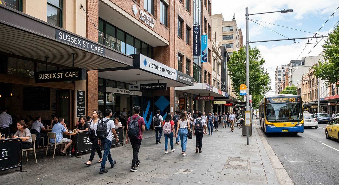 Sydney CBD streetscape near Sussex Street showing VU Sydney campus entrance, urban setting with cafes and public transport, diverse students walking to class