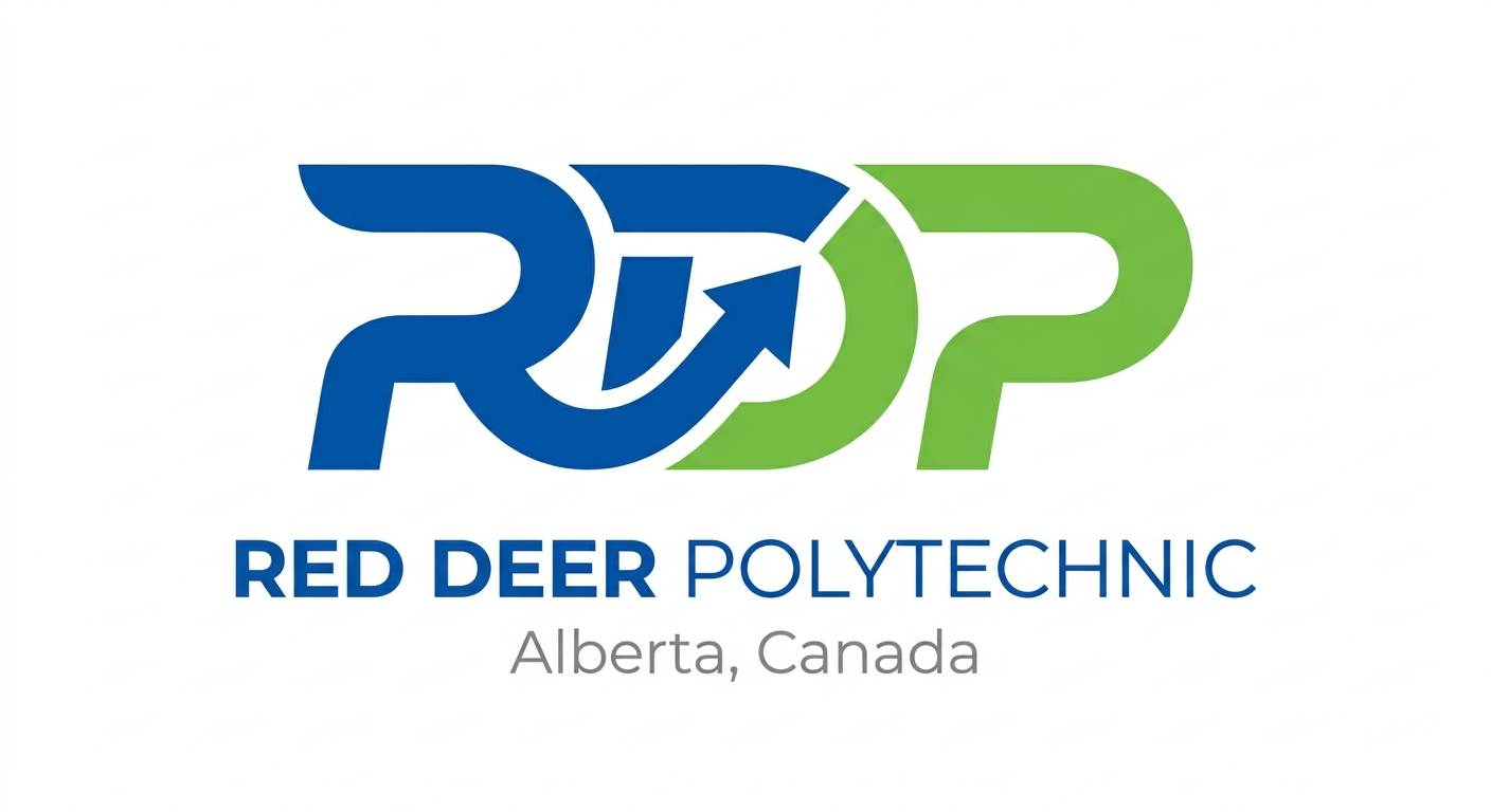 Red Deer Polytechnic official logo, stylized RDP letters in blue and green on white background