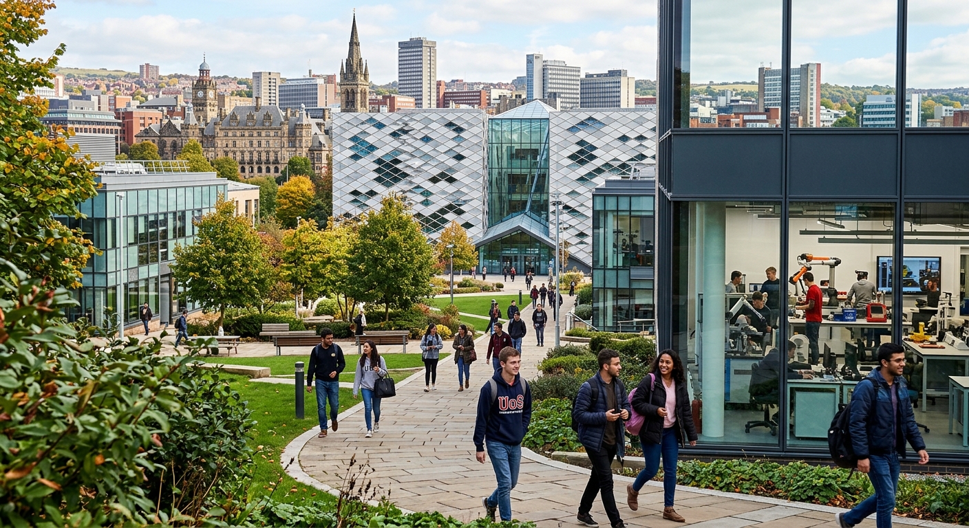 University of Sheffield campus with The Diamond building in the background, modern engineering laboratories, students walking through green courtyards, Sheffield cityscape with historic and contemporary architecture