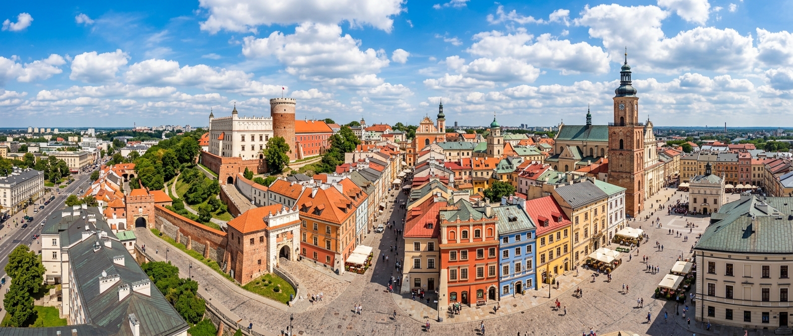 Panoramic view of Lublin Old Town in Poland, colorful historic buildings, Lublin Castle and Trinitarian Tower visible, cobblestone streets, blue sky with scattered clouds
