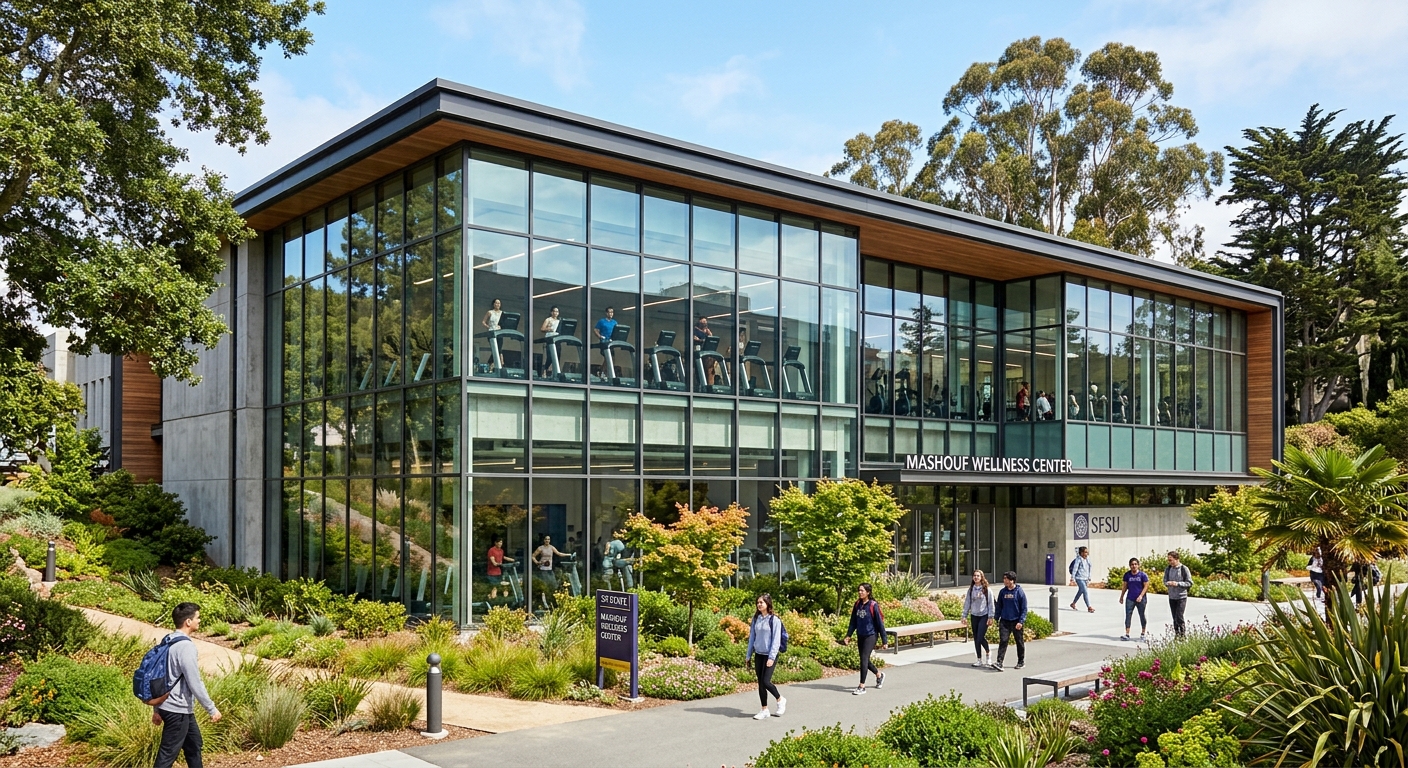 Mashouf Wellness Center at SFSU, modern glass facade fitness center, students exercising inside, green landscaping surrounding the building