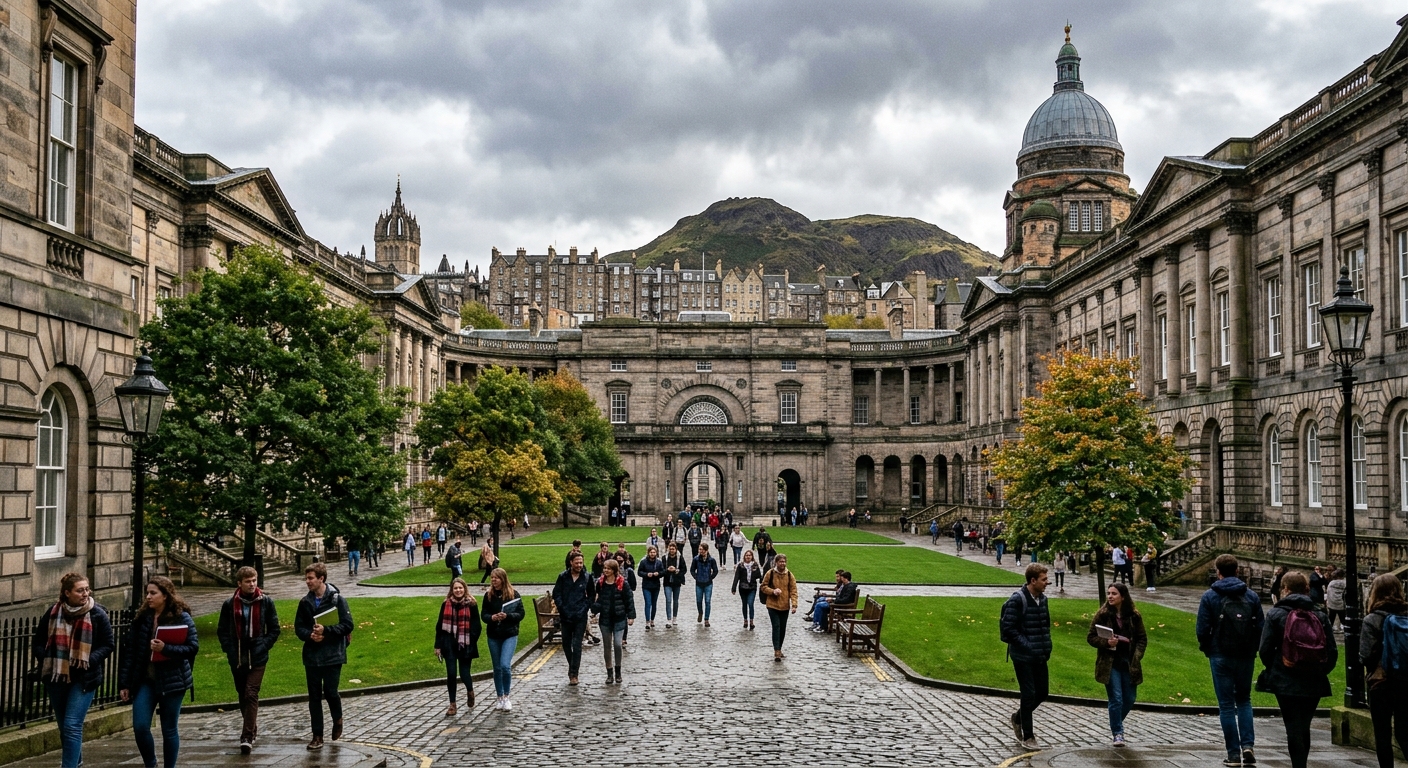 Historic University of Edinburgh campus buildings with classical stone architecture, green courtyard, students walking along cobblestone paths, Edinburgh Old Town skyline and Arthur's Seat visible in background, overcast Scottish sky