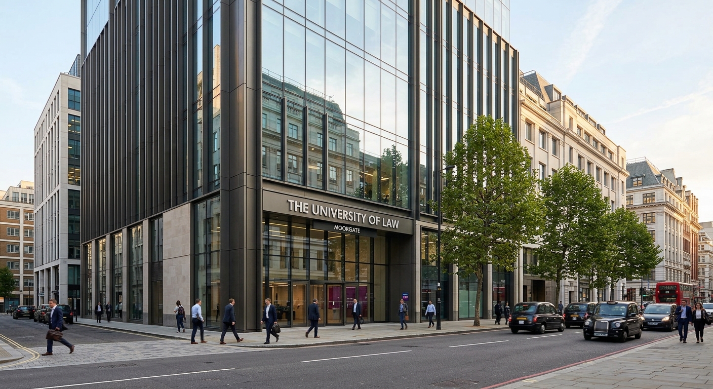 University of Law Moorgate campus exterior, modern commercial building in London's financial district, glass facade, city professionals walking nearby