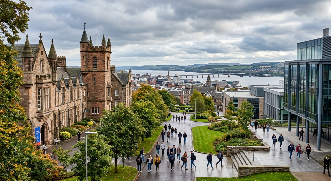 University of Dundee campus with historic stone buildings and modern facilities, students walking along tree-lined pathways, Scottish cityscape in background with River Tay visible, overcast sky typical of Scotland