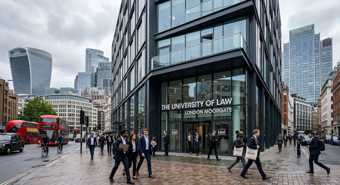 Modern University of Law London Moorgate campus building exterior with glass facade, professional students walking near entrance, city of London financial district in background, overcast British sky