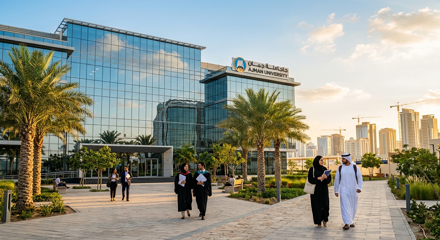 Ajman University modern campus building with palm trees, glass facades reflecting blue sky, doctoral students walking through courtyard, Ajman cityscape in background, warm golden sunlight