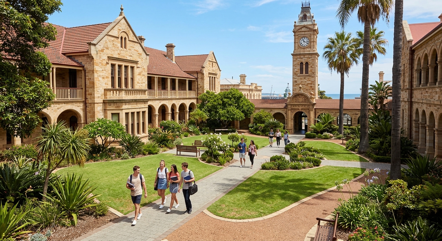 Historic sandstone university buildings in Fremantle Western Australia with lush green courtyards, students walking between heritage-listed colonial architecture under clear blue sky, palm trees and coastal atmosphere