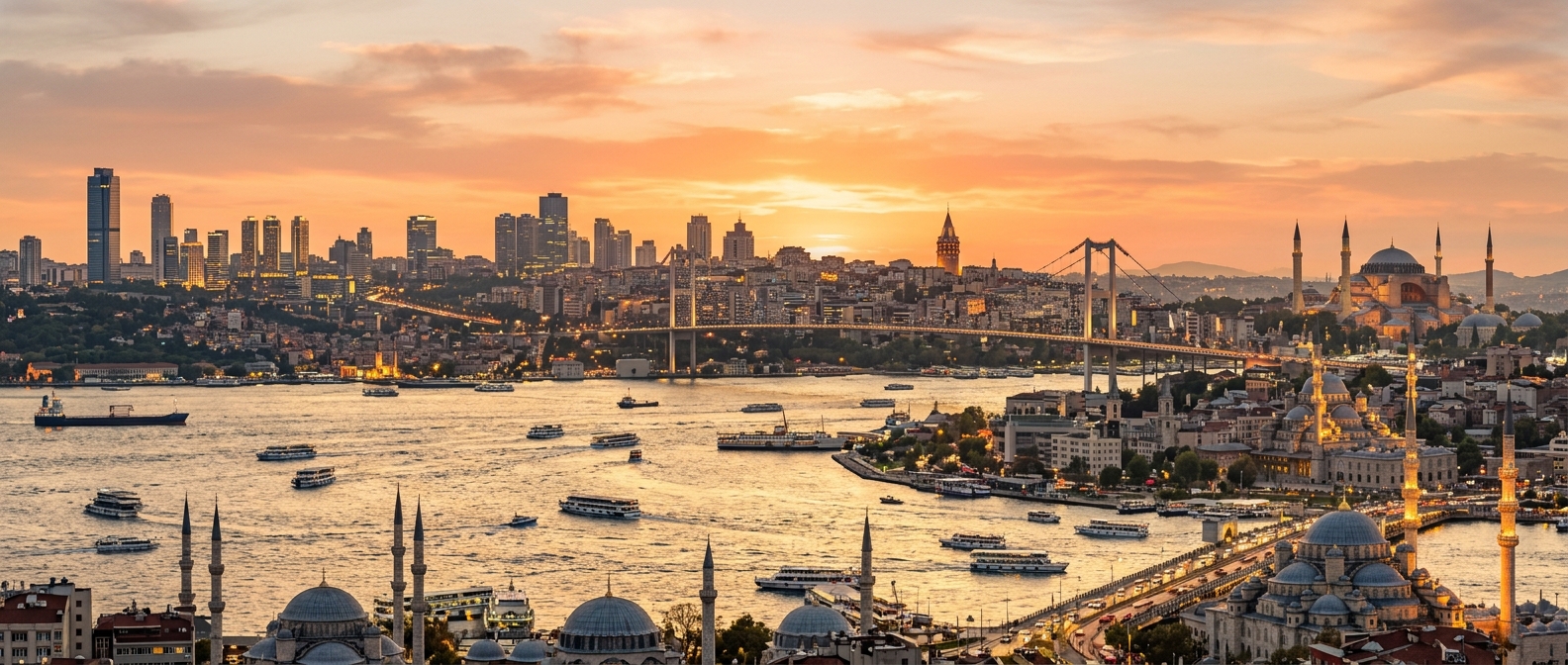 Panoramic view of Istanbul skyline with Bosphorus strait, historic mosques and minarets, modern skyscrapers, boats on the water, golden sunset light