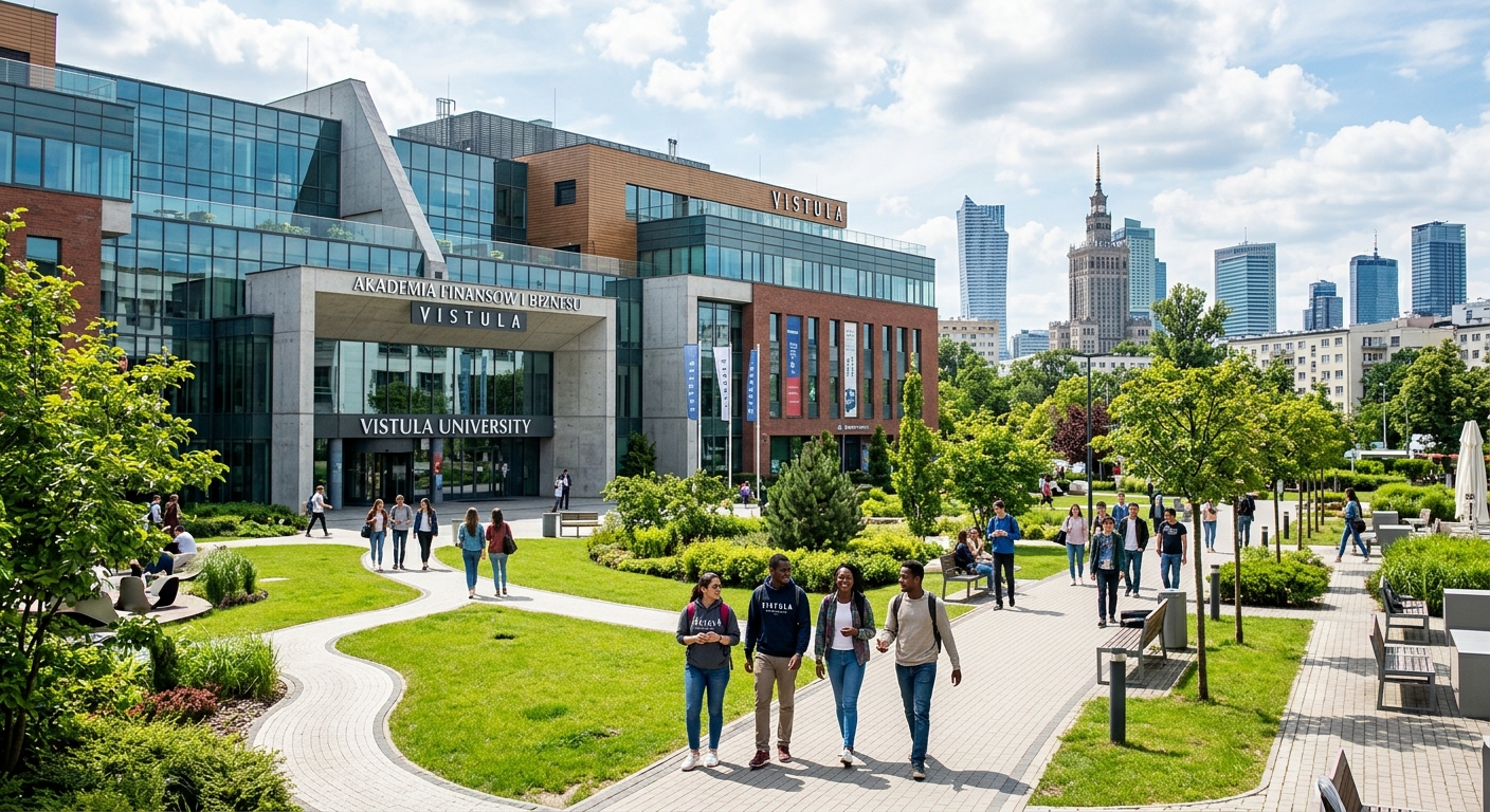 Modern Vistula University campus building in Warsaw Poland with international students walking through green courtyard, contemporary architecture, European city skyline in background