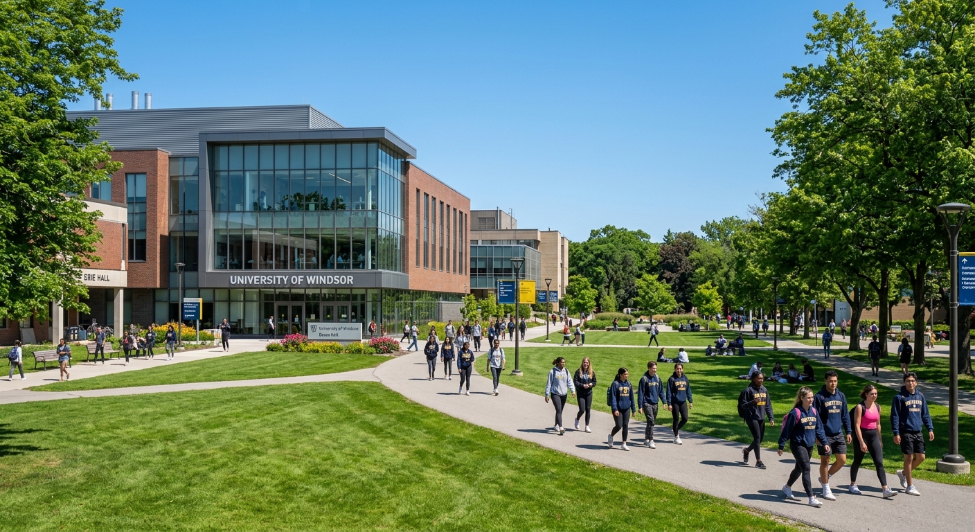 University of Windsor campus in Ontario Canada with modern science building, green lawns, and students walking along tree-lined pathways under a clear blue sky