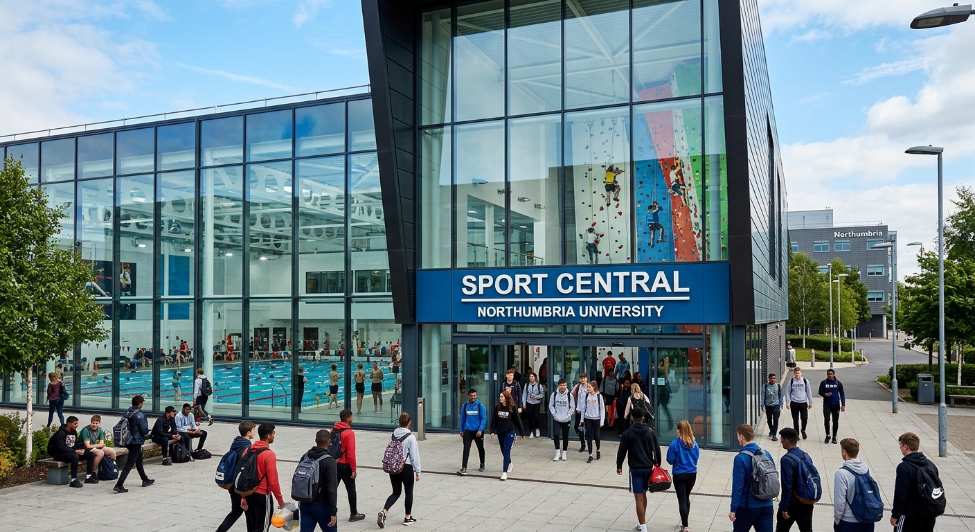 Sport Central at Northumbria University, large modern sports complex with glass facade, indoor swimming pool visible, climbing wall, students entering the building, blue sky