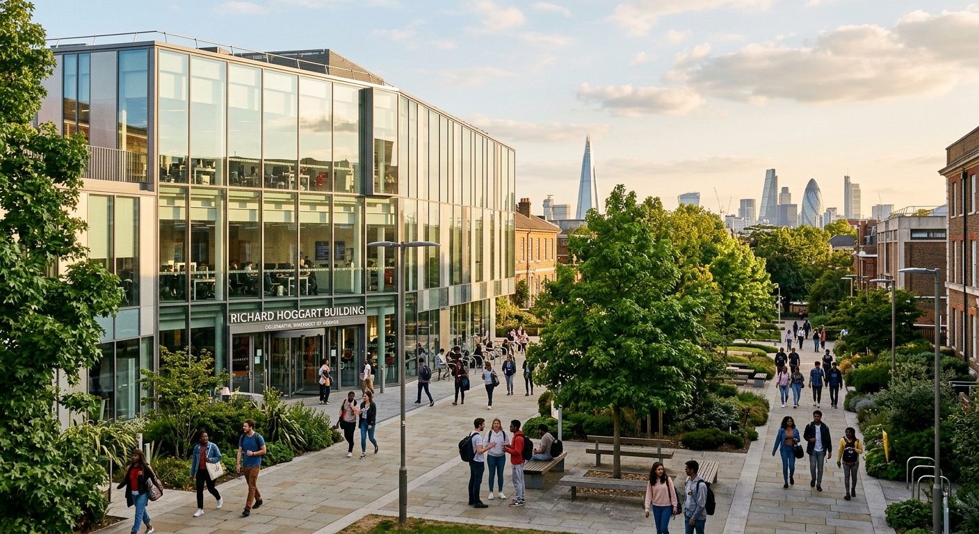 Goldsmiths University of London campus in New Cross, modern computing building with glass facade, students walking across courtyard with trees, London skyline visible in background, warm afternoon light