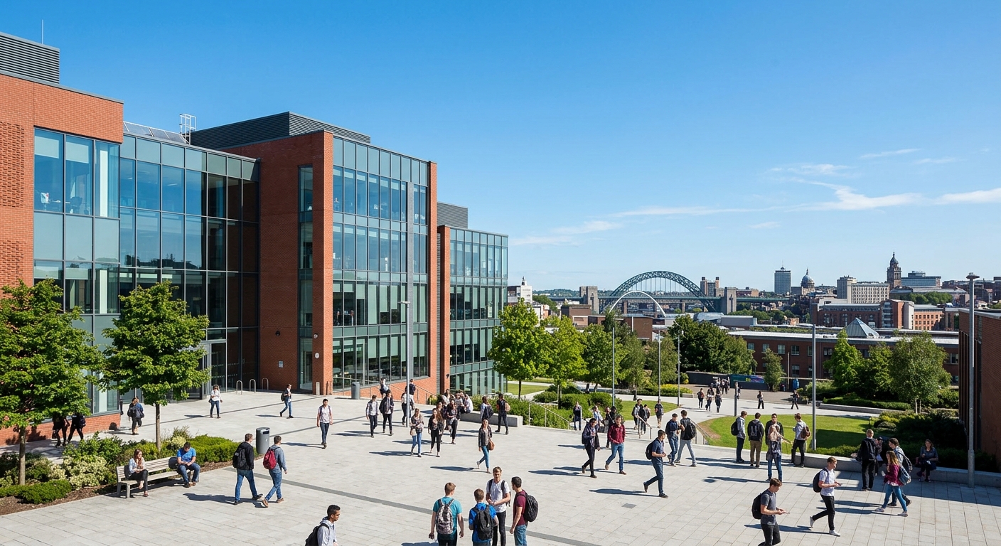Newcastle University Herschel Building exterior with modern architecture, students walking across campus plaza, clear sky over Newcastle upon Tyne cityscape in background