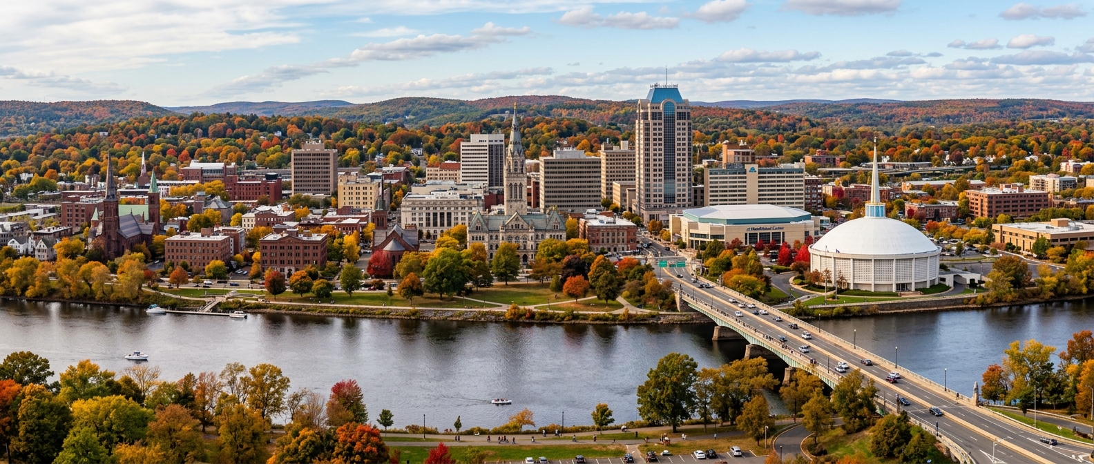 Panoramic view of downtown Springfield Massachusetts skyline with the Connecticut River, historic buildings, Basketball Hall of Fame dome, green Pioneer Valley hills in the distance, autumn foliage