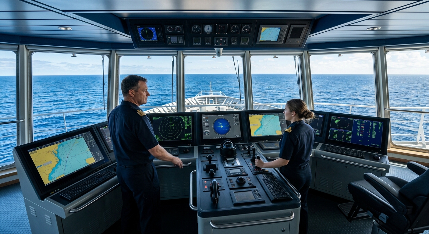 Professional maritime navigation bridge with advanced electronic chart displays, radar systems, and ocean horizon visible through wide windows, modern ship technology, blue ocean backdrop