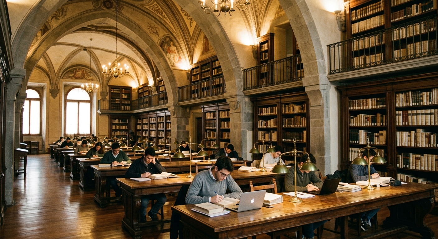 Sant'Anna School library interior with wooden reading desks, arched ceilings, historic bookshelves, warm ambient lighting, students studying quietly