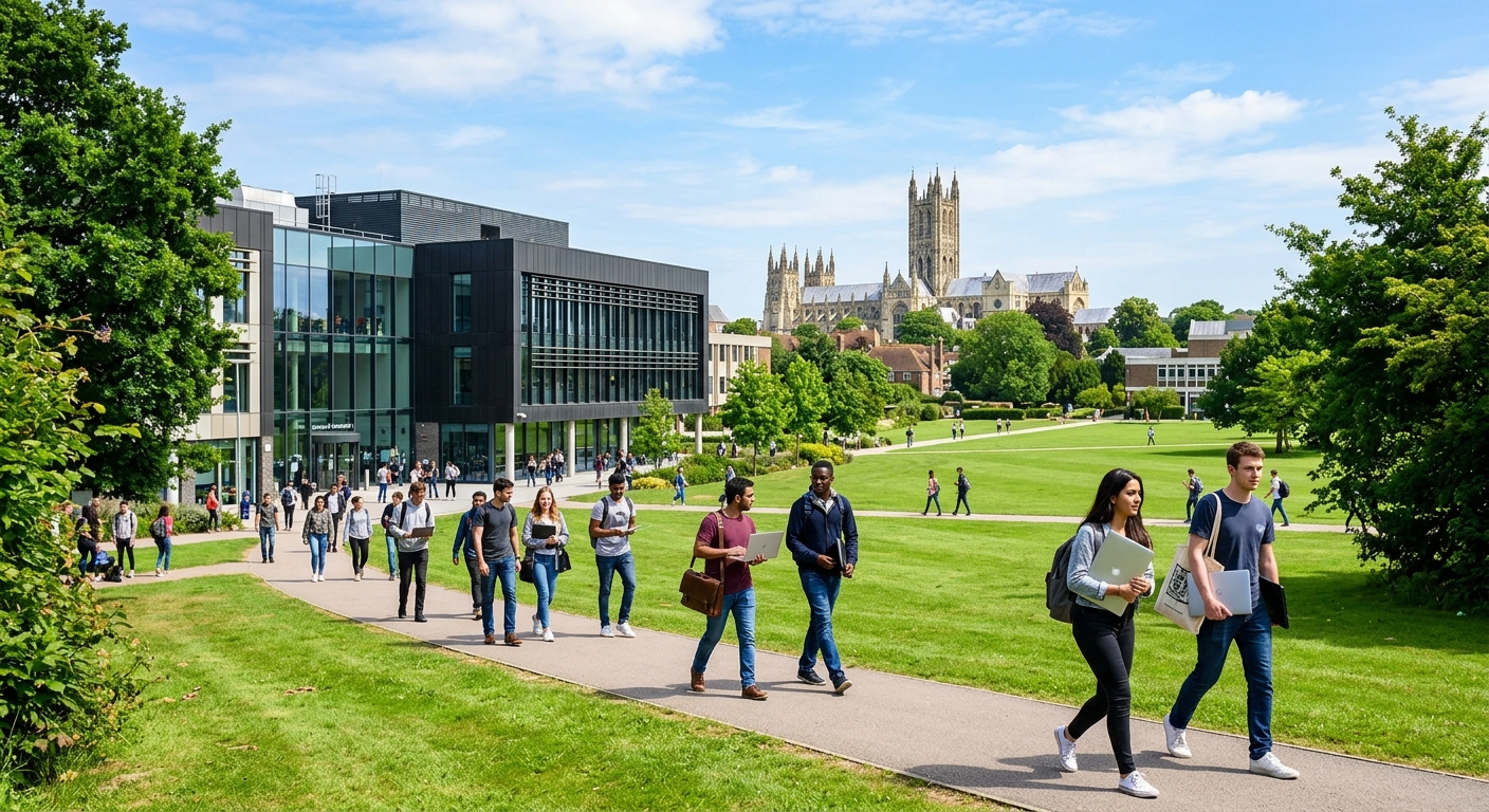 University of Kent Canterbury campus with modern computing building, green parkland, students walking with laptops, Canterbury Cathedral visible in the background, bright sunny day