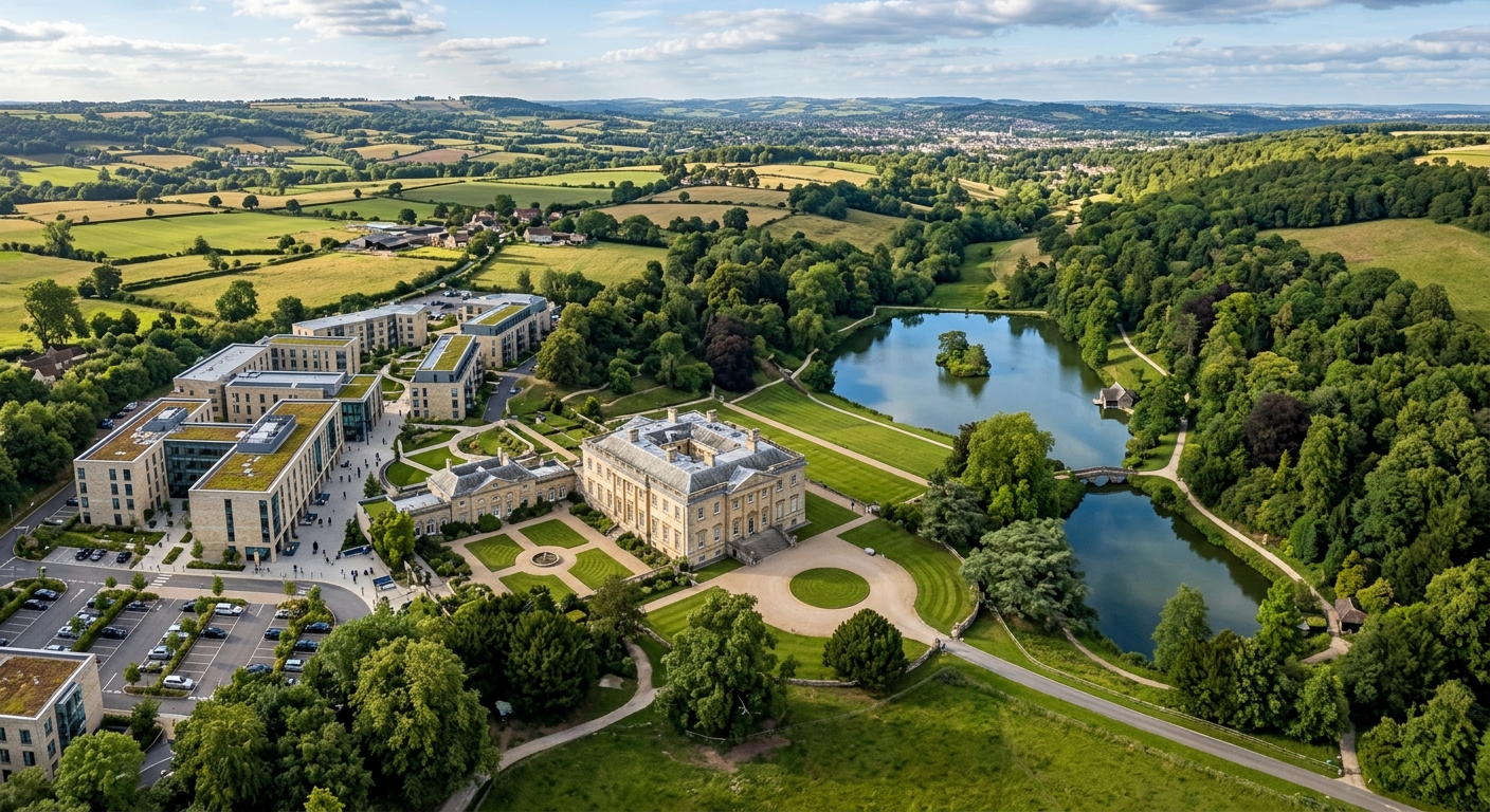 Aerial view of Bath Spa University Newton Park campus showing historic Grade I listed Main House, Capability Brown landscaped gardens, lake, woodlands, and modern academic buildings set in rolling English countryside near Bath