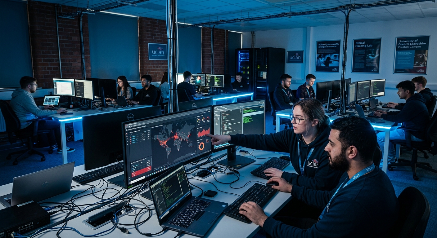 Modern university computing laboratory with students working on cybersecurity exercises, multiple monitors displaying network security dashboards, blue-tinted lighting reflecting digital technology atmosphere, University of Lancashire Preston campus
