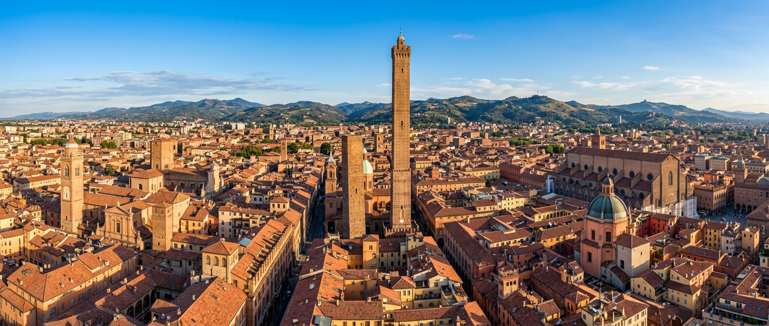 Panoramic view of Bologna skyline with the Two Towers (Asinelli and Garisenda), red terracotta rooftops, medieval porticoes, and the Apennine hills in the background under a clear blue sky
