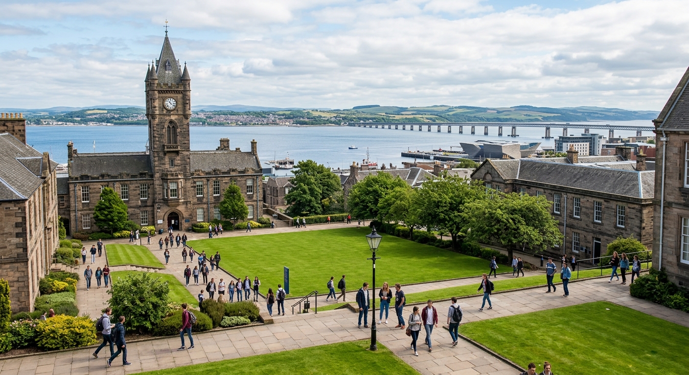 University of Dundee campus with historic stone buildings, green lawns, and students walking near the Tower Building, overlooking the River Tay in Dundee, Scotland, United Kingdom