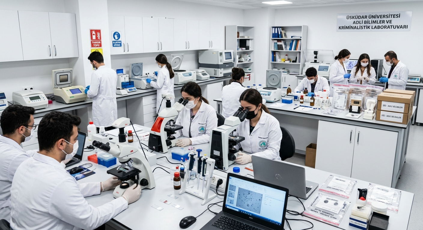 Modern forensic science laboratory at Üsküdar University Istanbul, students in white lab coats examining evidence under microscopes, DNA analysis equipment and crime scene investigation tools visible, bright clinical lighting