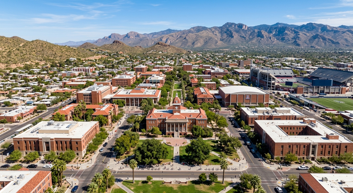 Aerial view of the University of Arizona campus in Tucson with desert mountain landscape in the background, red-brick buildings, and the iconic Old Main building under clear blue skies