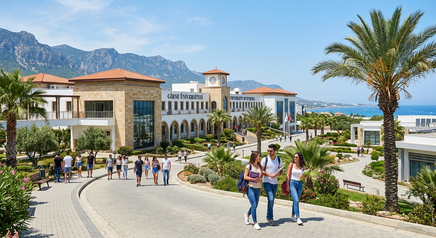 Modern university campus building in Kyrenia Northern Cyprus with Mediterranean architecture, palm trees, and students walking along pathways under clear blue sky