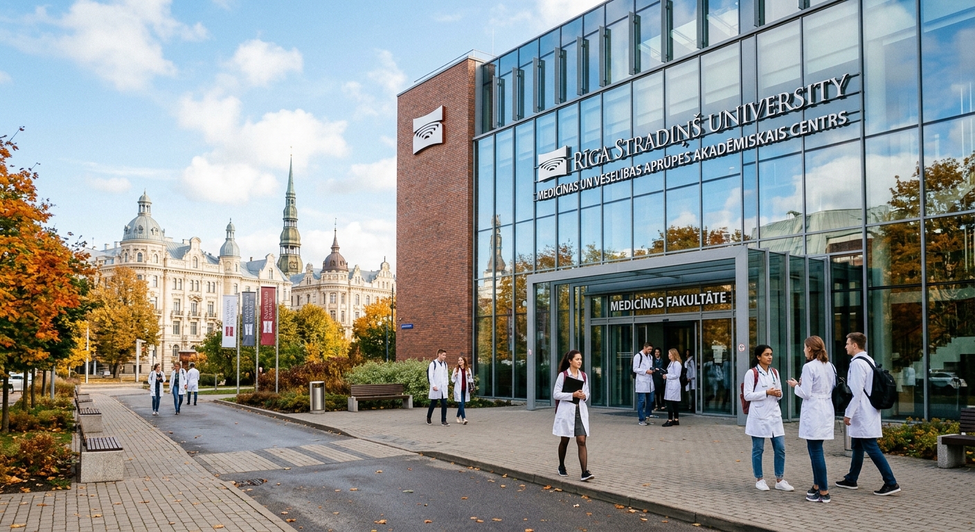 Modern Riga Stradins University campus building with glass facade, medical students in white coats walking near the entrance, Riga cityscape with Art Nouveau architecture in the background, bright autumn day