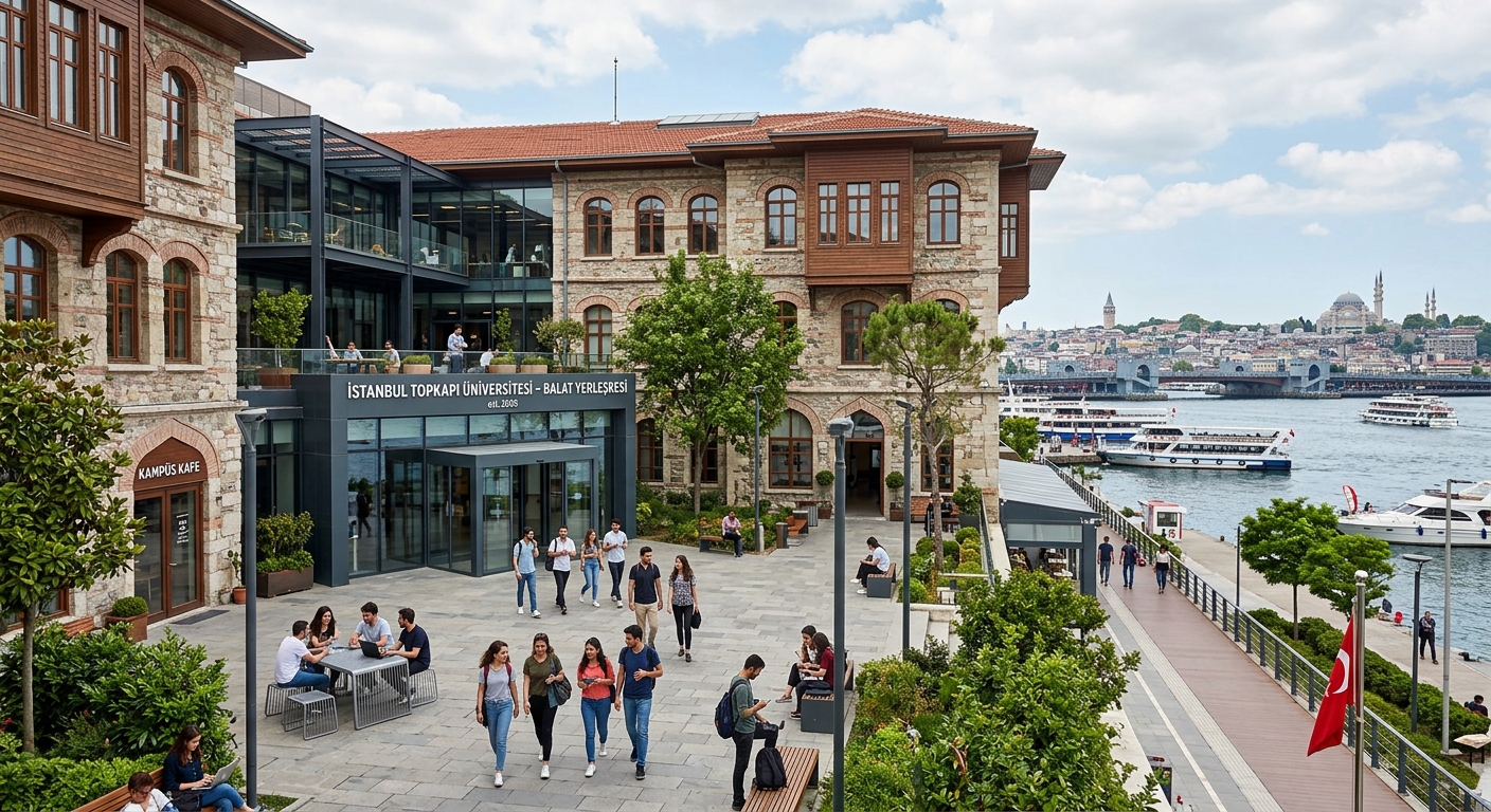 Istanbul Topkapı University historic Balat campus building with Golden Horn waterfront views, students walking through courtyard, modern educational environment blending Ottoman-era architecture with contemporary design elements